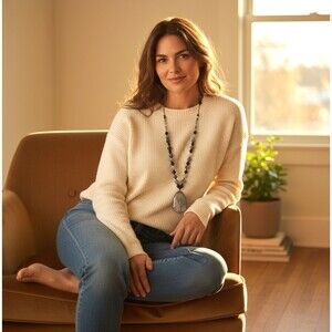 J Jill Beaded Necklace Agate Stone Pendant Gray White Black Cord Adjustable NWT